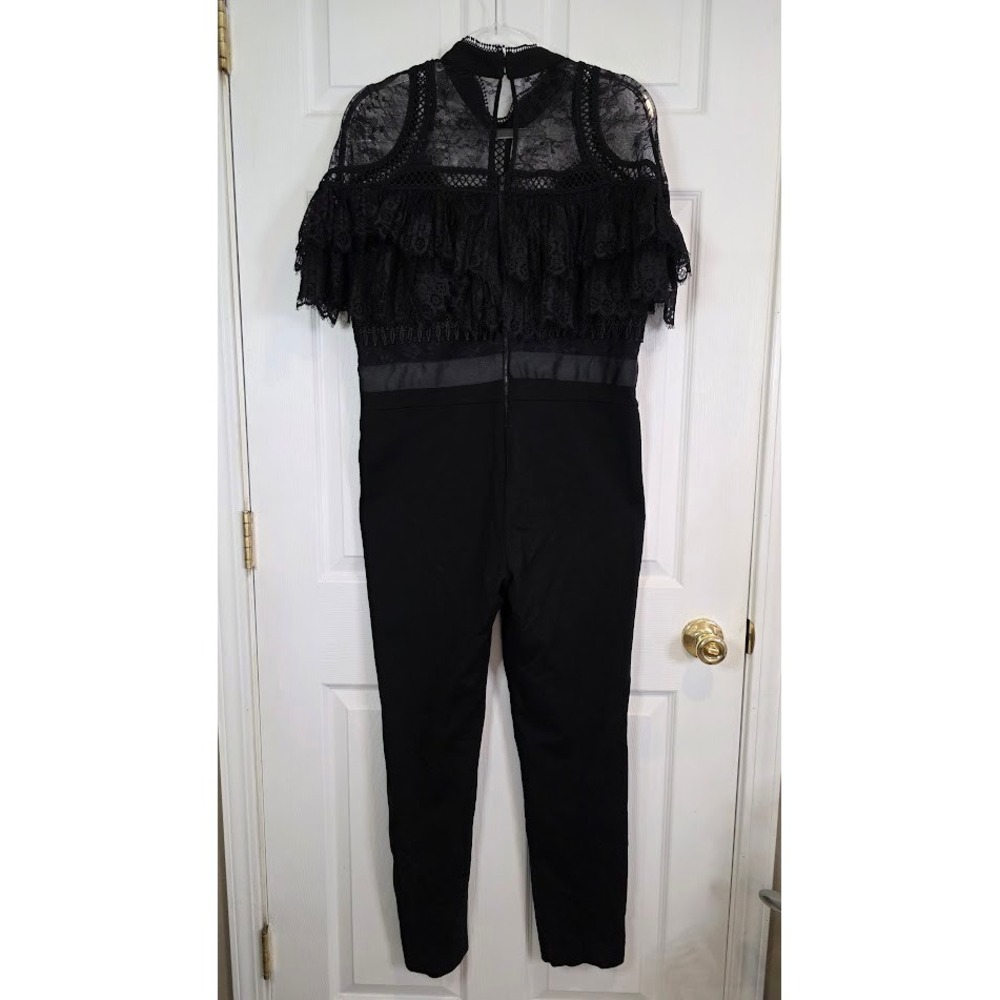 Self-Portrait Sz 10 Fine Lace Paneled Jumpsuit Black High Neck Ruffle Taper Leg - Picture 5 of 14